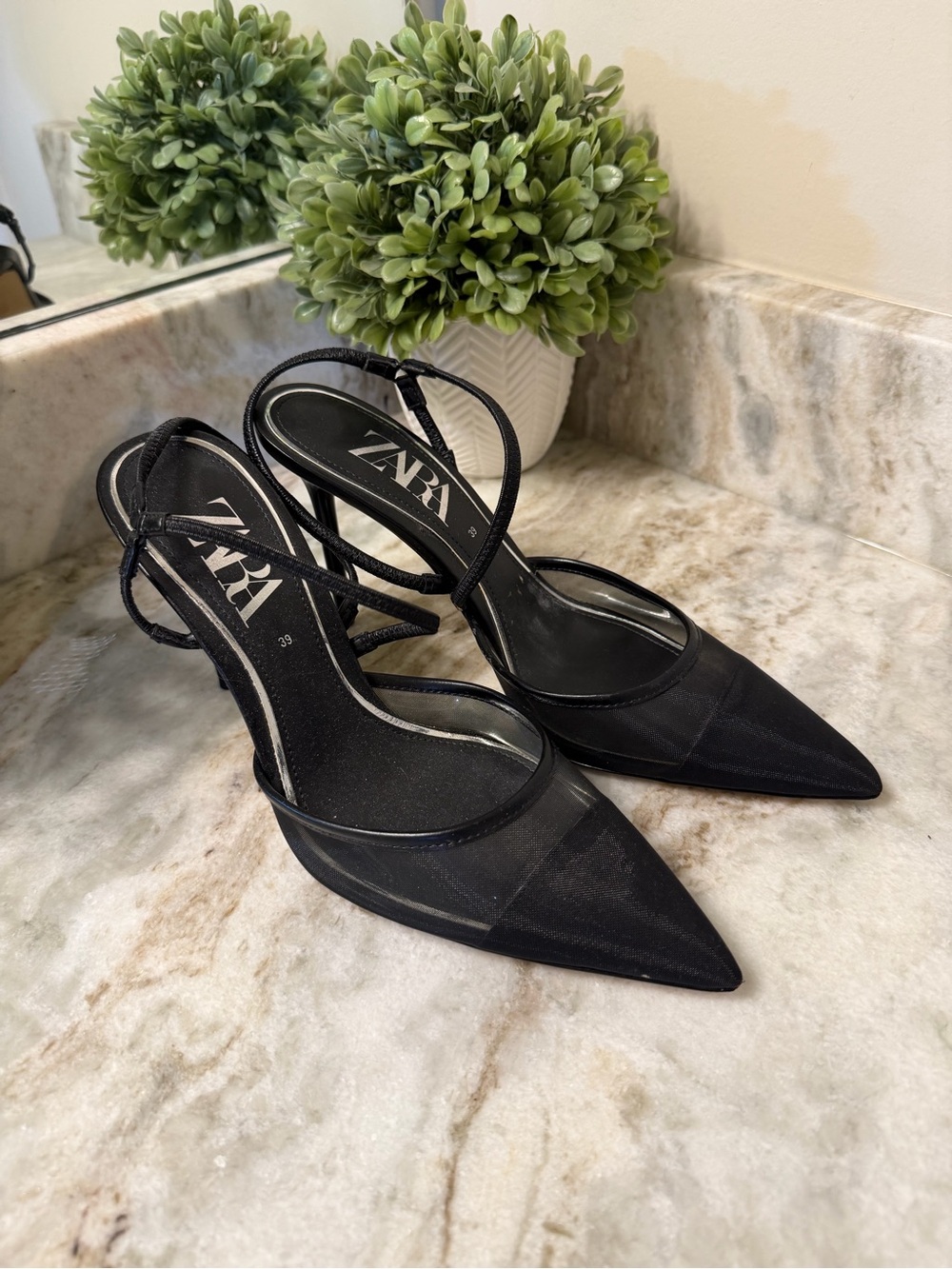 ZARA Black Pointed Mesh Slingback Heels with Slim Straps